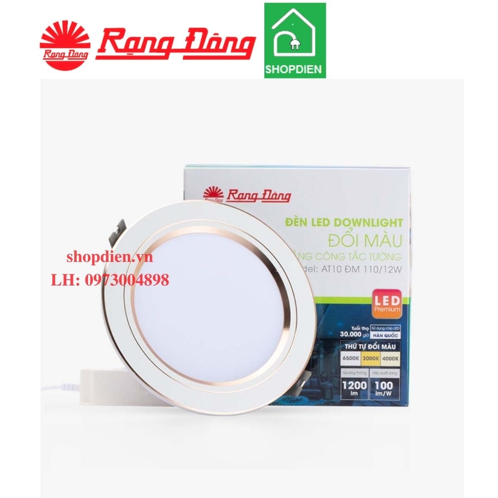 Đèn downlight âm trần đổi màu 12W D110 viền vàng / bạc Rạng Đông AT10 ĐM 110/12W