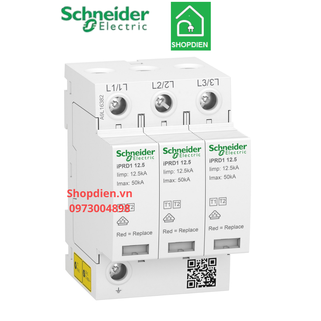 Chống sét lan truyền Surge Arrester 3P 12.5KA Schneider Acti9 iPRD1 SPD A9L16382 Loại 1+2