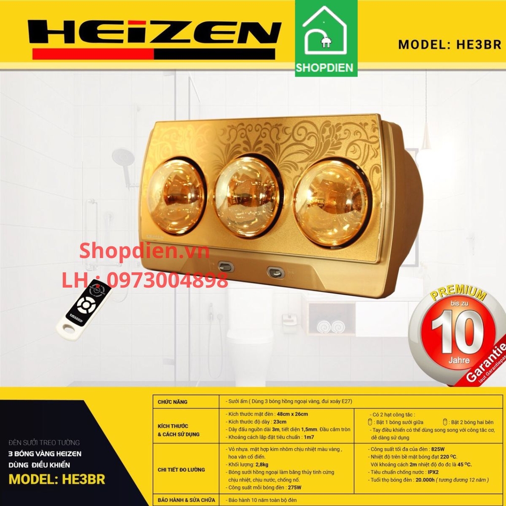 Đèn sưởi treo tường 3 bóng vàng điều khiển HEIZEN HE3BR