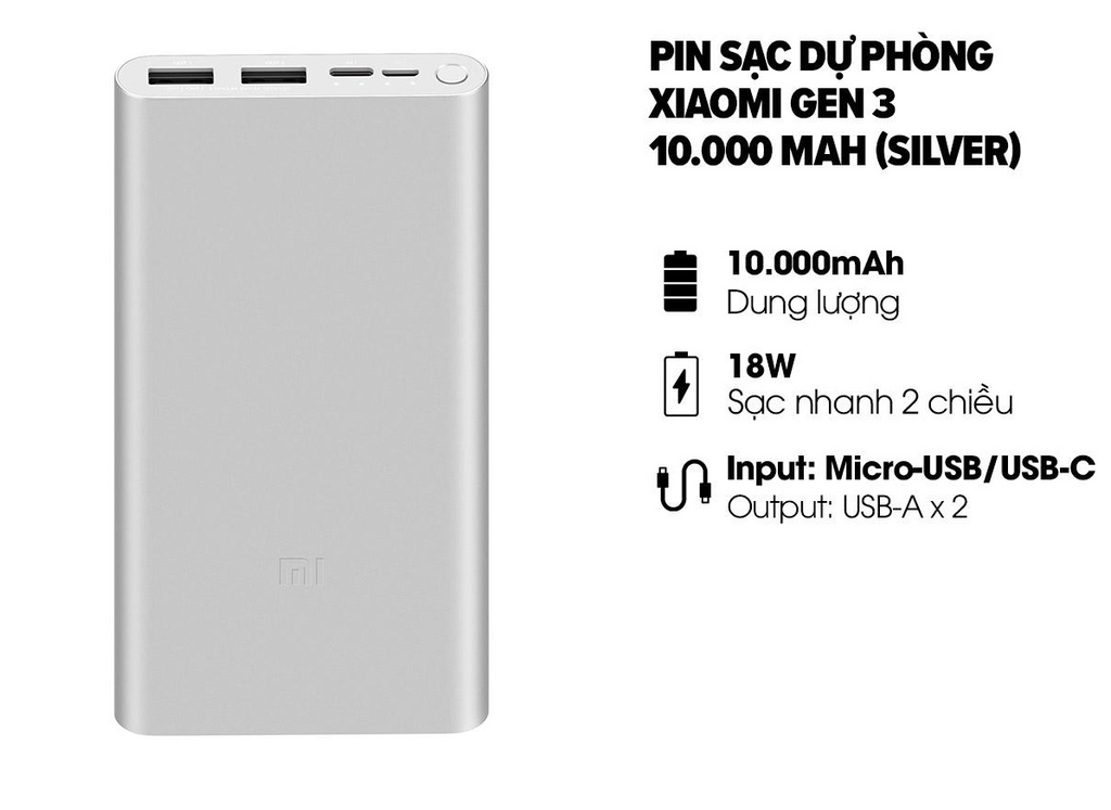 Pin dự phòng chính hãng Xiaomi Gen 3 18W 10000mAh 3 cổng sạc