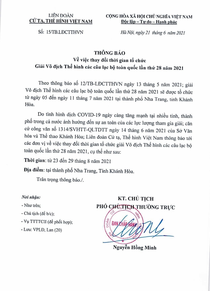 Thông báo về việc thay đổi thời gian tổ chức Giải Vô địch Thể hình nam cổ điển, nữ fitness và nữ