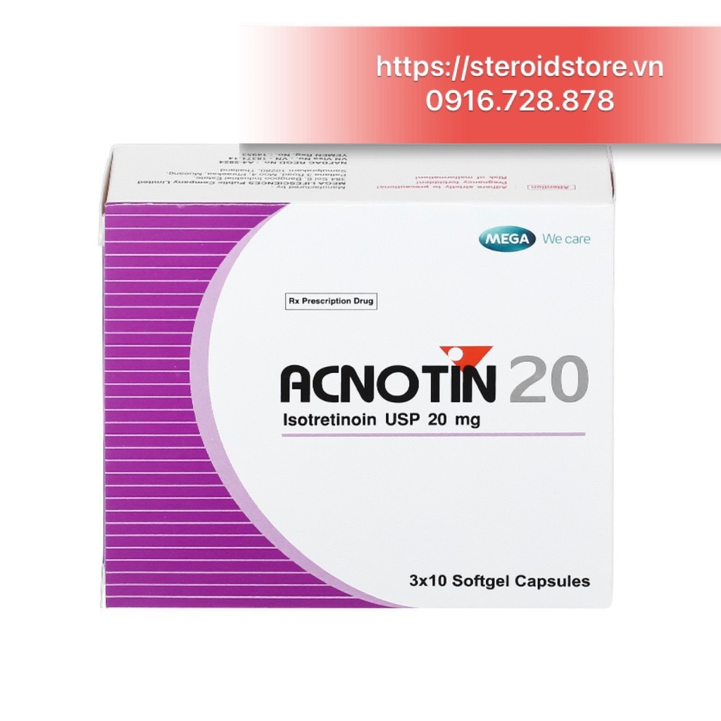 Thuốc trị mụn Acnotin 20 (Isotretinoin 20mg)-  Mega -Hộp 3vỉ x 10 viên
