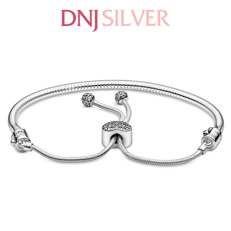 Vòng tay charm bạc 925 cao cấp - Vòng charm Moments Pavé Heart Clasp Snake Chain Slider - Vòng tay dành cho nam và nữ - Vòng mềm