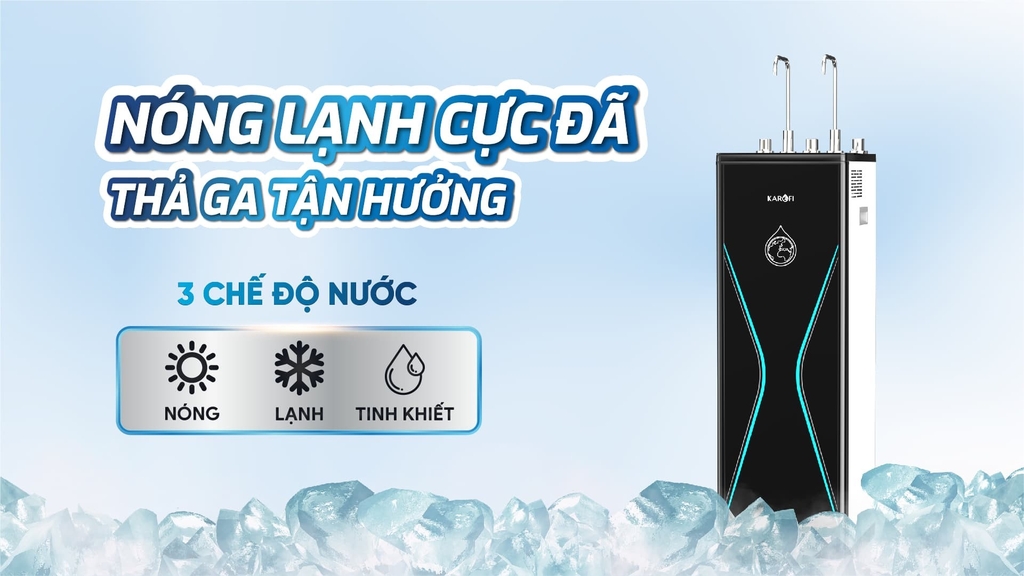 Karofi KAD-D528 thiết kế sang trọng, nổi bật với 2 vòi 3 chế độ nước Nóng - Lạnh - Tinh khiết với chế độ làm lạnh bằng chip