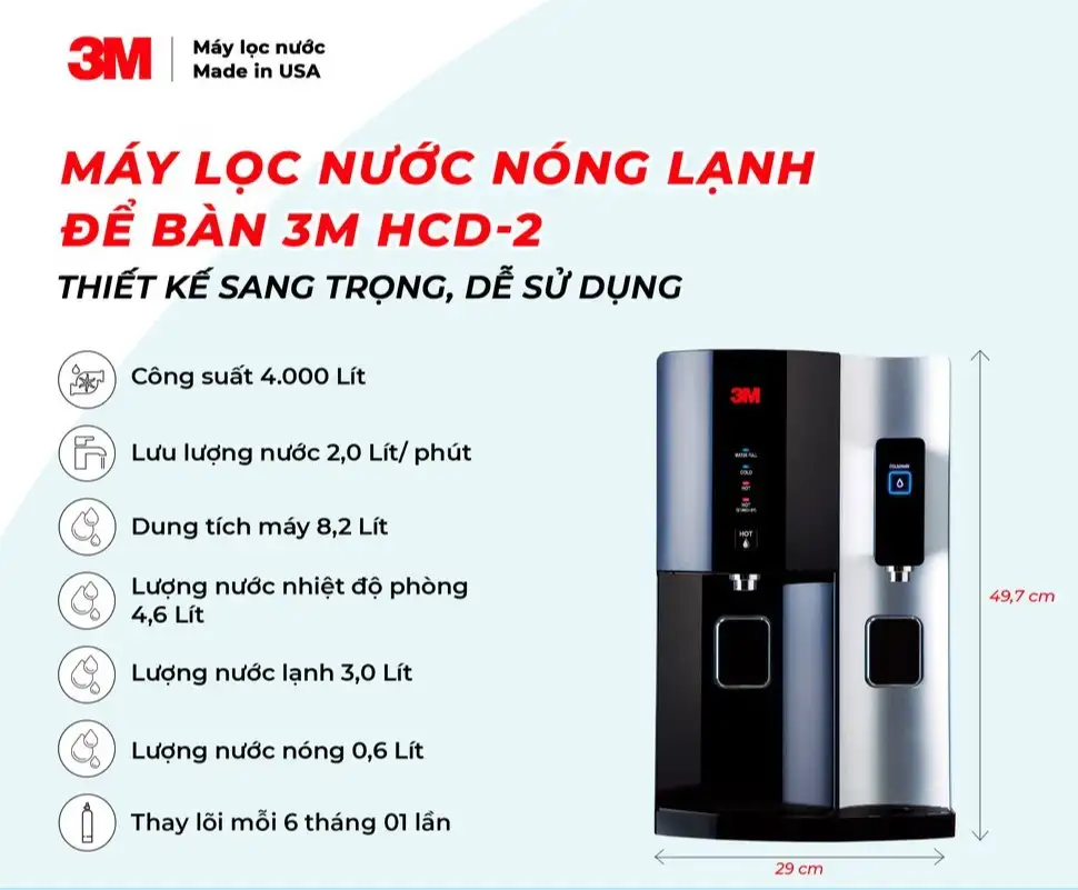 Tính năng nổi bật của máy lọc nước nóng lạnh để bàn 3M HCD-2 