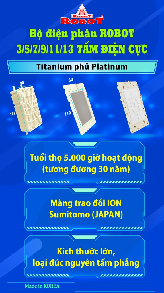 Bộ điện phân Korea 7 tấm điện cực Titanium phủ Platinum nguyên khối của UHC 4711