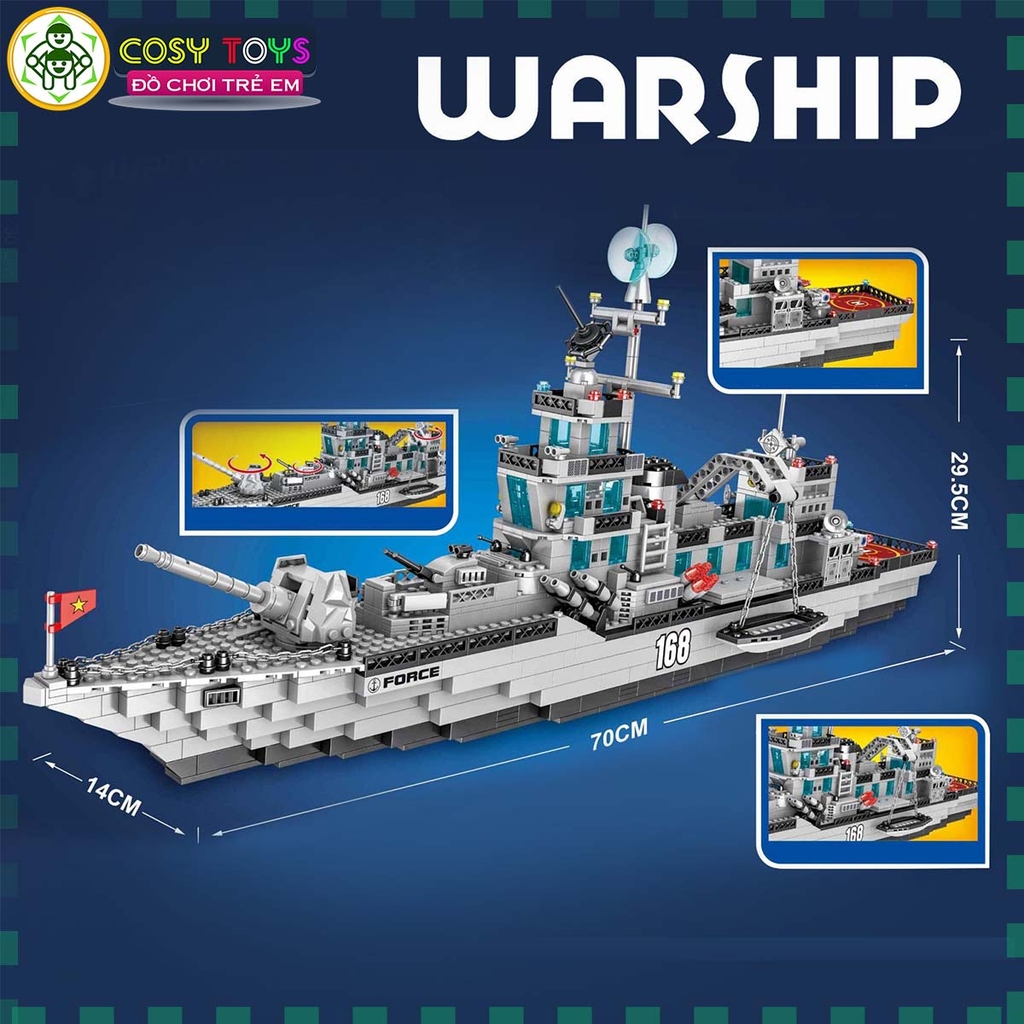 Đồ chơi lắp ghép xếp hình tàu chiến đấu cao cấp cỡ lớn 6 trong 1 kèm trực thăng, tàu nhỏ và các nhân vật thủy thủ với 1416 mảnh ghép