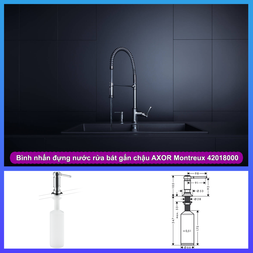 Bình nhấn đựng nước rửa bát/ nước rửa tay gắn bàn AXOR Montreux 42018000