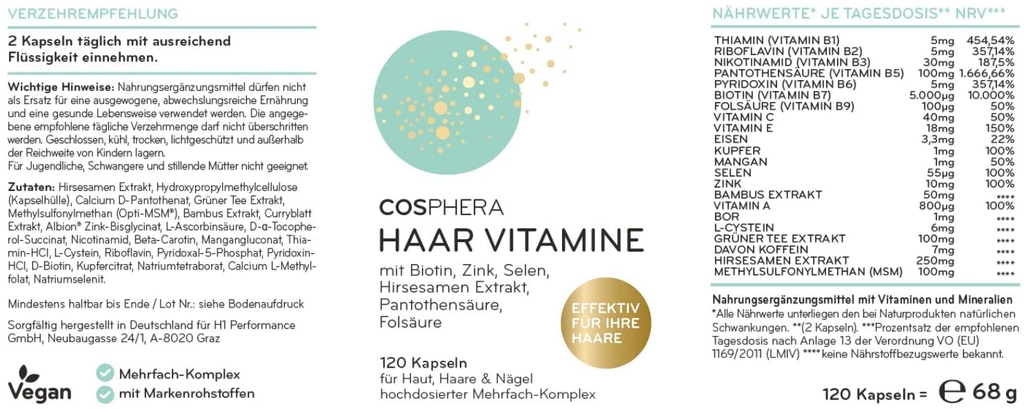 Cosphera Haar Vitamine - Viên nang multivitamin dưỡng da tóc móng, kích thích mọc tóc.