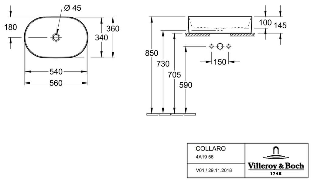 Lavabo Villeroy & Boch Collaro 4A1956R1 oval (56 x 36)