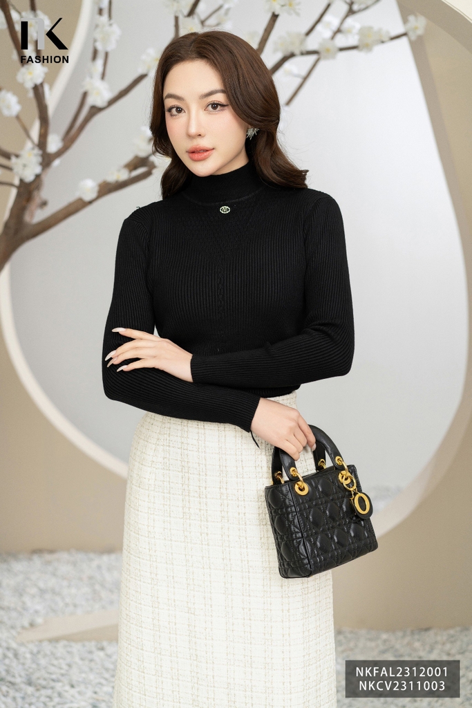 NK Fashion Áo Len Cổ Cao V, Ôm người, Dài Tay NKFAL2312001