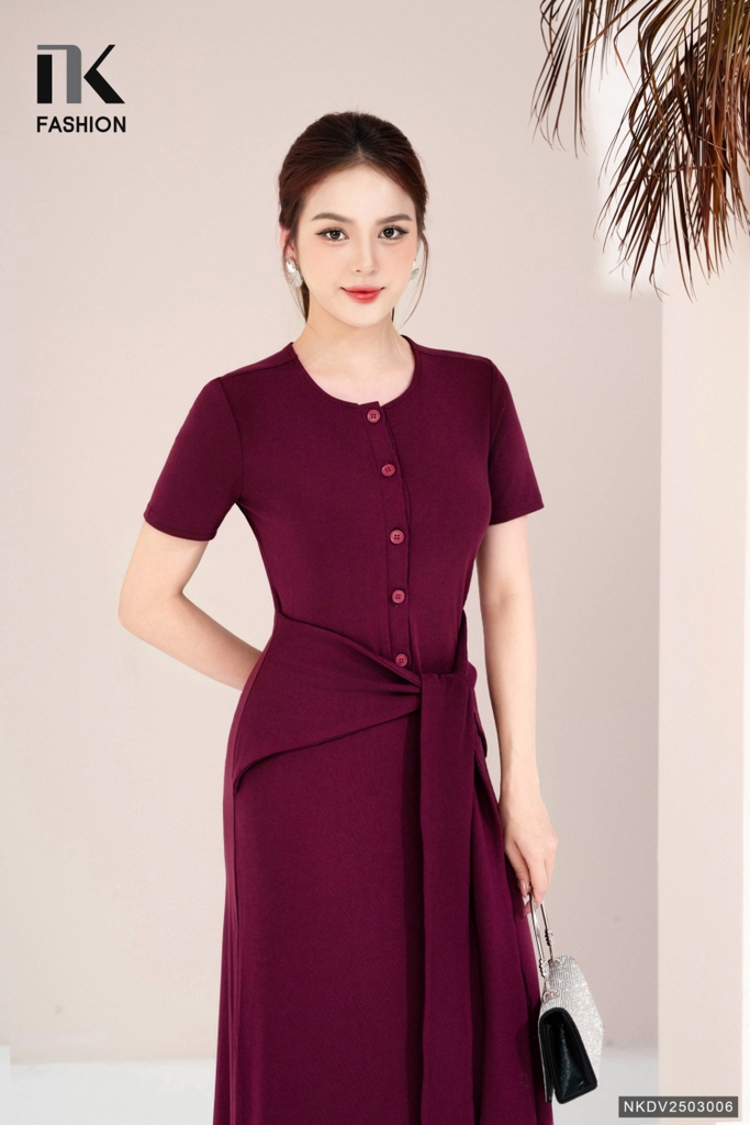 Đầm thun nẹp cúc vạt chéo dễ mặc, thoải mái NKDV2503006