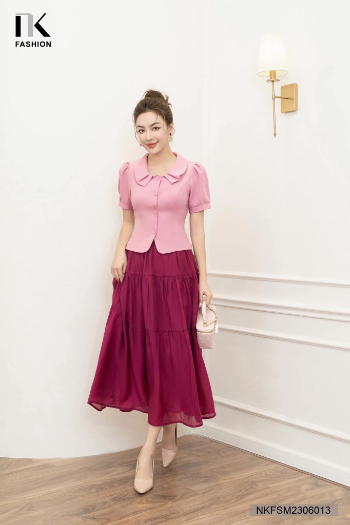 NK Fashion Áo Sơ Mi Cộc Tay Cổ Sen Tròn 4 Cúc Bọc NKFSM2306013