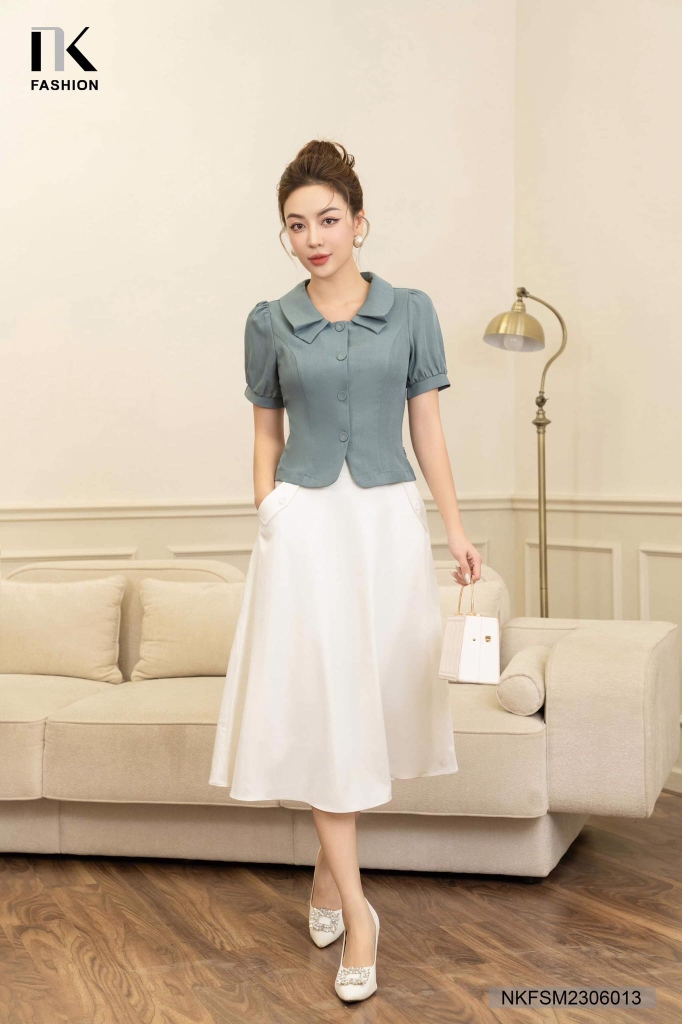 NK Fashion Áo Sơ Mi Cộc Tay Cổ Sen Tròn 4 Cúc Bọc NKFSM2306013