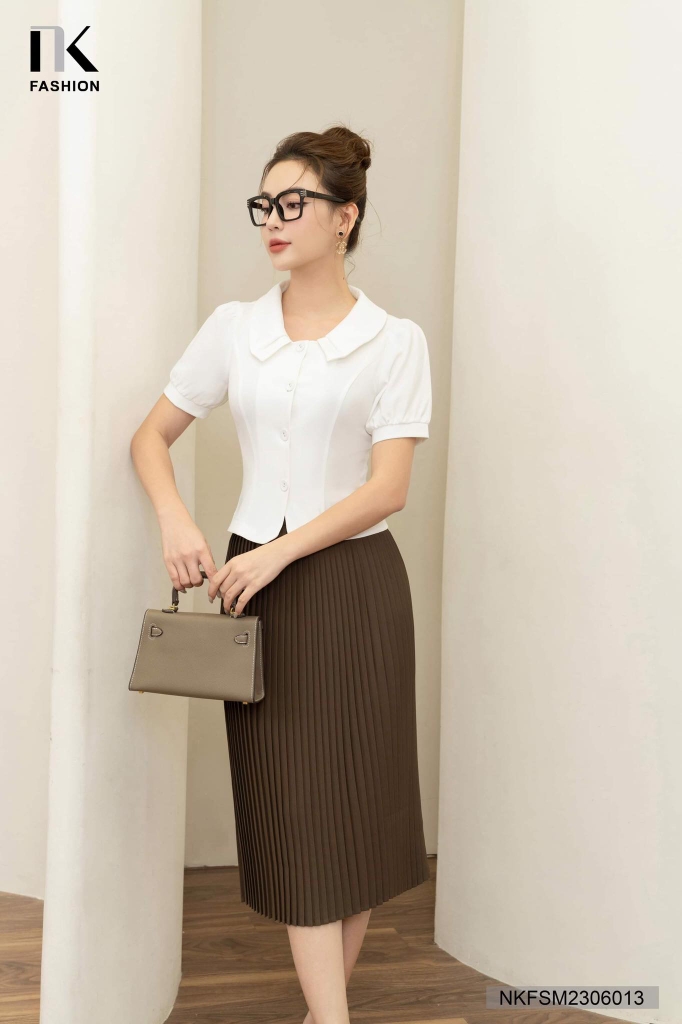 NK Fashion Áo Sơ Mi Cộc Tay Cổ Sen Tròn 4 Cúc Bọc NKFSM2306013