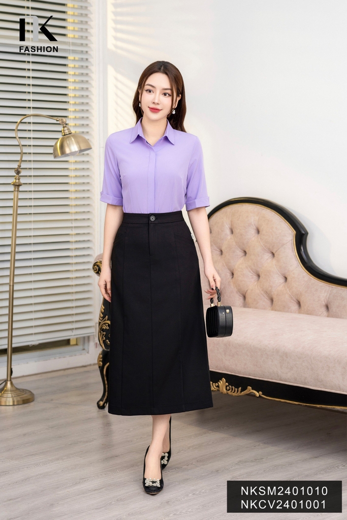 Áo Sơ Mi Cổ Đức Tay Lỡ Lơ Vê Xẻ, Thanh Lịch NKSM2401010