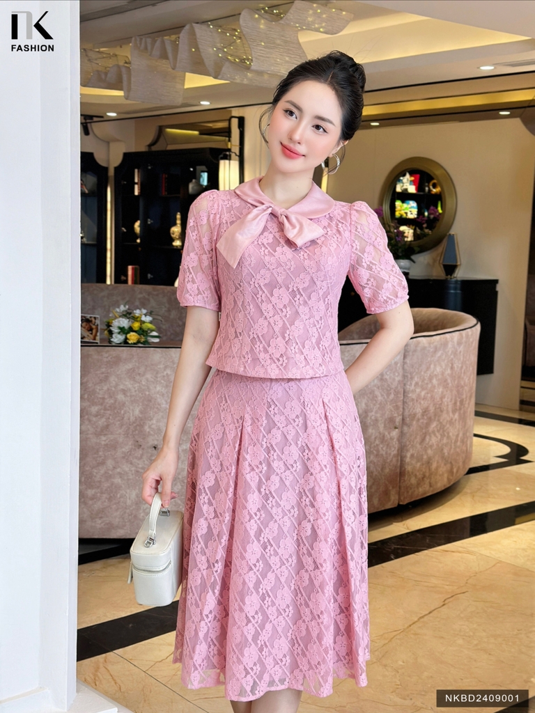 Set ren sọc hoa chân váy xòe xinh xắn NKBD2409001