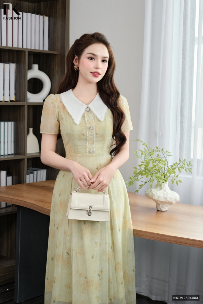 Đầm tơ phối cổ kê ren xinh xắn, điệu đẹp NKDV2504003