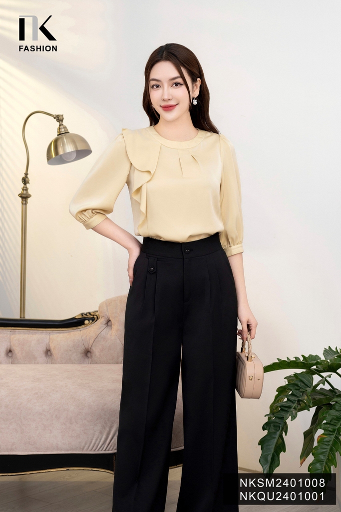NK Fashion Quần Ống Suông Cơi Túi Cúc Bọc, Thanh Lịch NKQU2401001