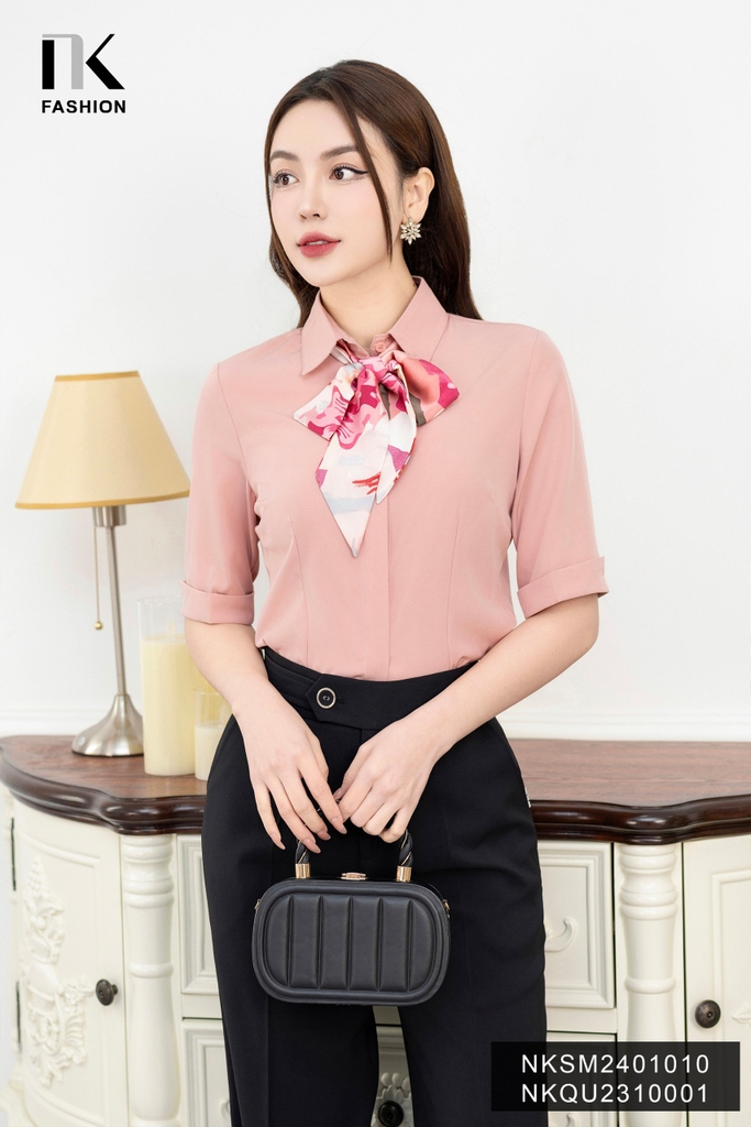 Áo Sơ Mi Cổ Đức Tay Lỡ Lơ Vê Xẻ, Thanh Lịch NKSM2401010