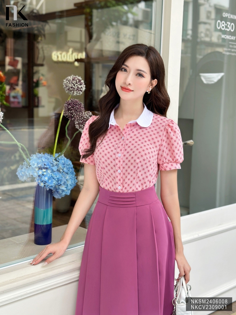 Áo Sơ Mi Cộc Tay Hoạ Tiết Phối Cổ NK Fashion Công Sở Nữ Thanh Lịch Vải Mềm Mịn NKSM2406008