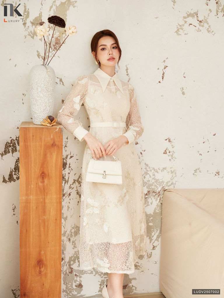 Đầm ren A hồ điệp phối cổ đẹp mộng mơ LUDV2507002