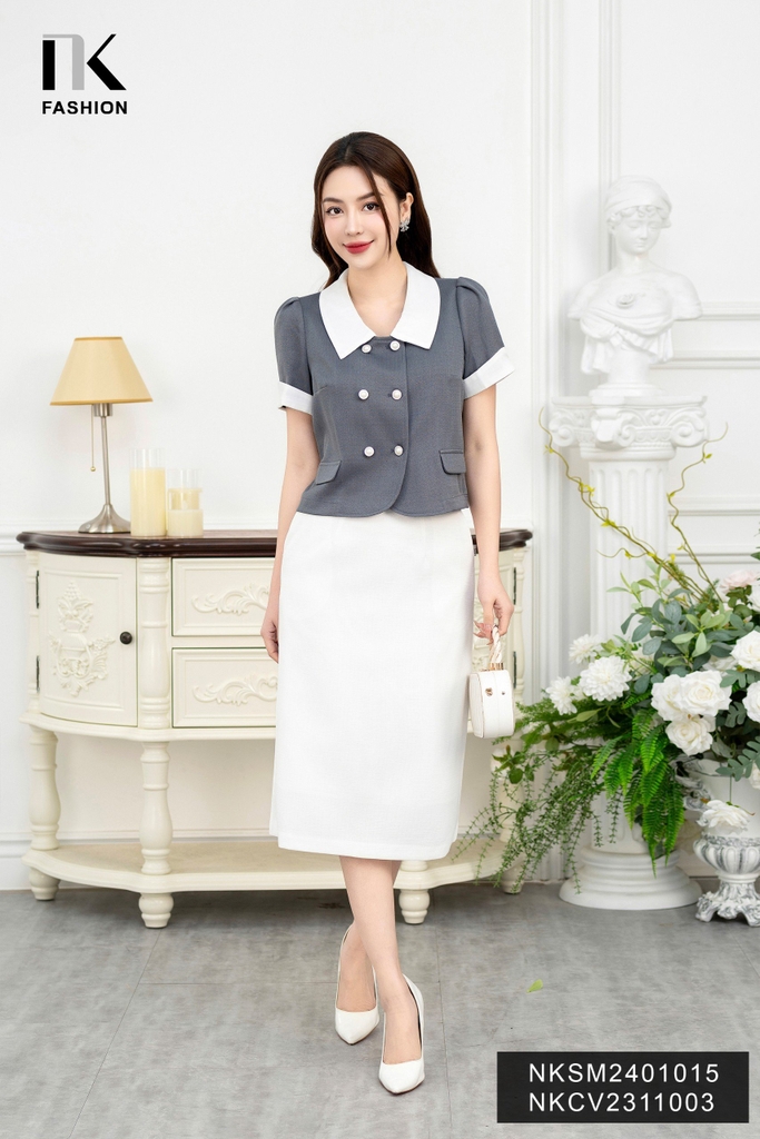 NK Fashion Áo Sơ Mi Phối Cổ Giao 2 Cúc Thời Trang, Thanh Lịch, Nữ Tính NKSM2401015