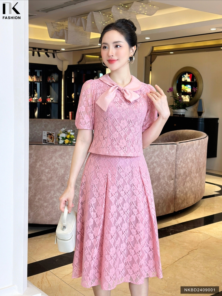 Set ren sọc hoa chân váy xòe xinh xắn NKBD2409001