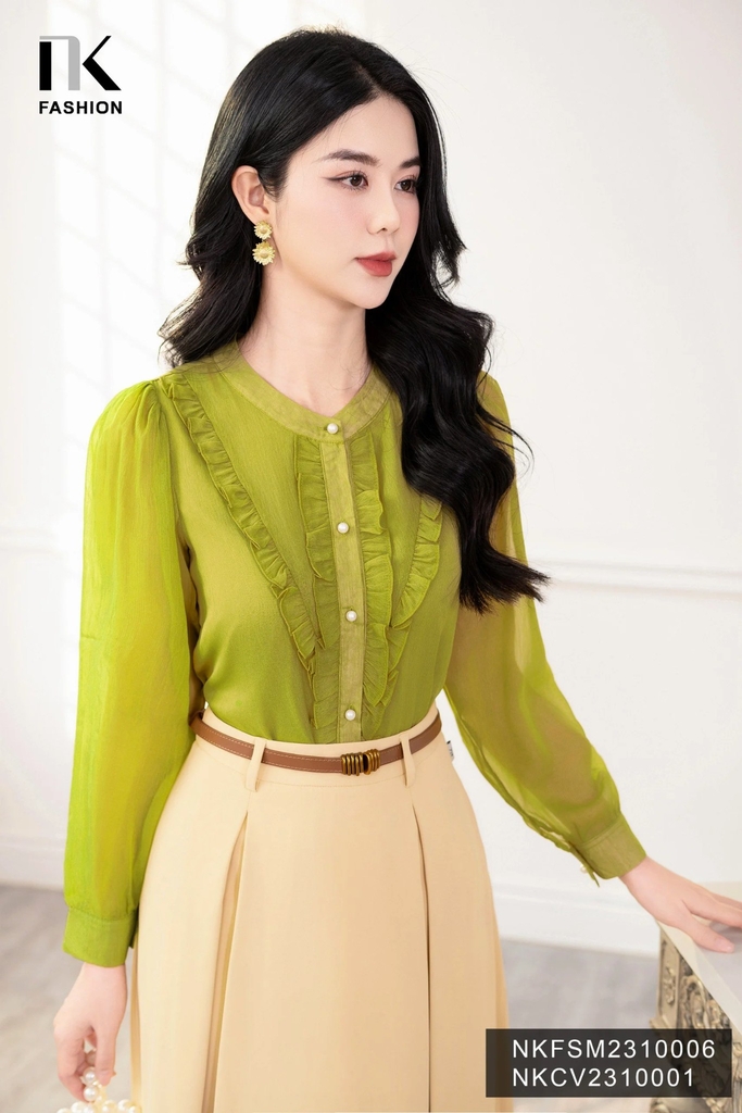 Áo Sơ Mi Dáng Suông Tơ Bèo V Dọc Nẹp, Thời Trang Công Sở NKFSM2310006