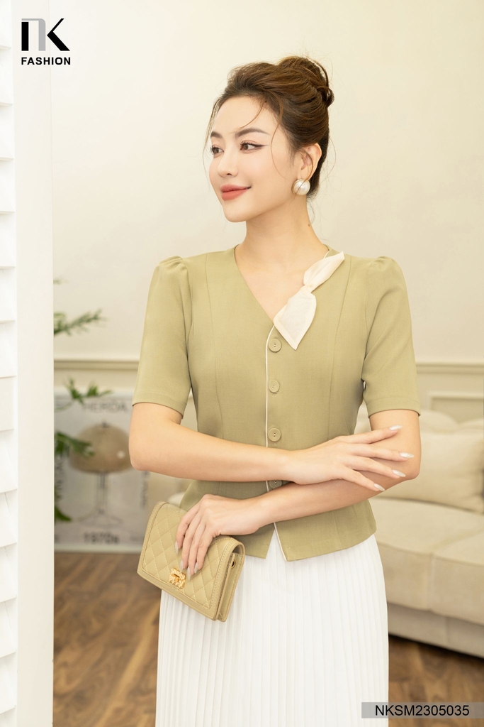NK FASHION Áo Sơ Mi Tay Lỡ Cúc Bọc Nẹp Cổ NKSM2305035