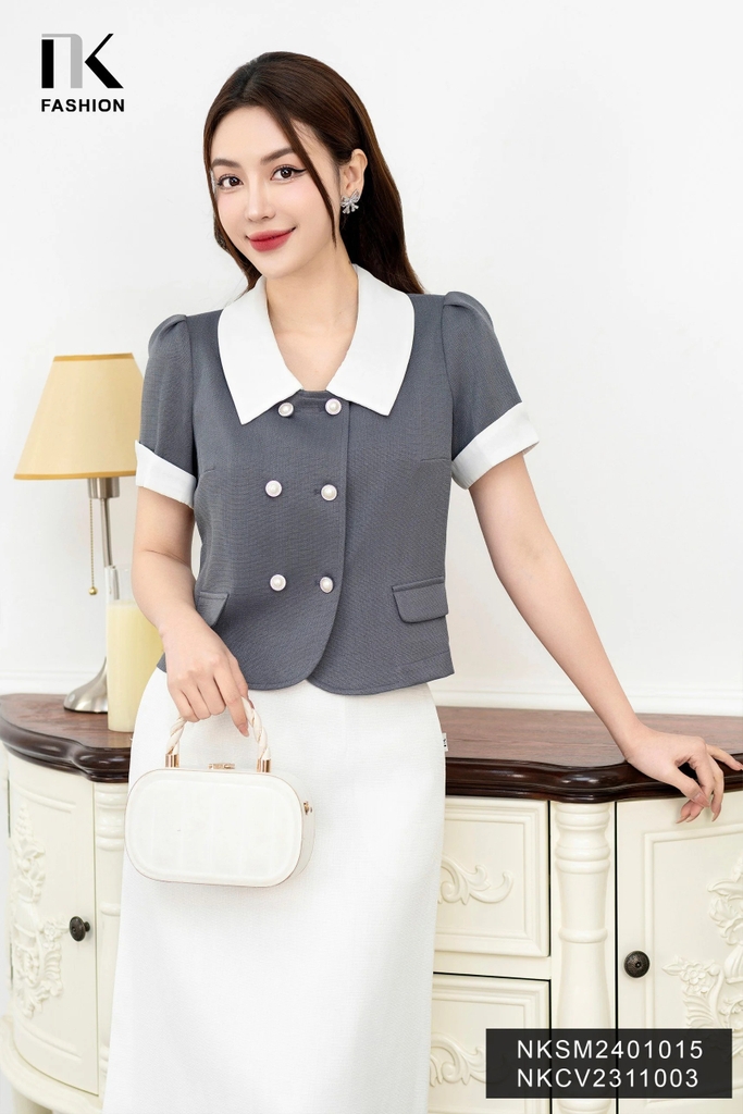 NK Fashion Áo Sơ Mi Phối Cổ Giao 2 Cúc Thời Trang, Thanh Lịch, Nữ Tính NKSM2401015