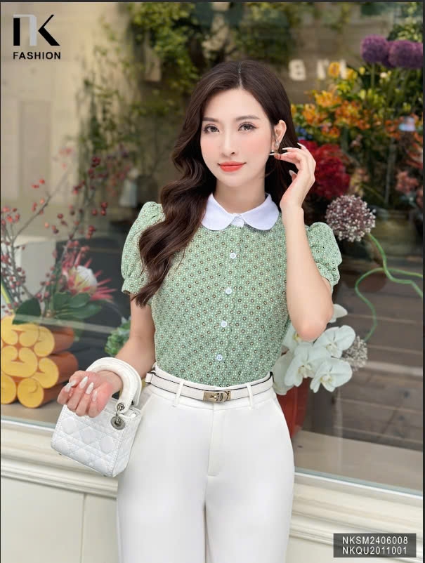 Áo Sơ Mi Cộc Tay Hoạ Tiết Phối Cổ NK Fashion Công Sở Nữ Thanh Lịch Vải Mềm Mịn NKSM2406008