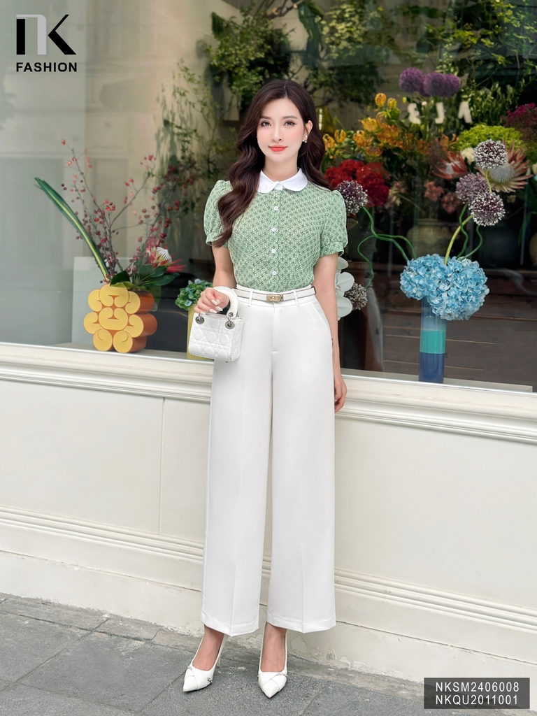 Áo Sơ Mi Cộc Tay Hoạ Tiết Phối Cổ NK Fashion Công Sở Nữ Thanh Lịch Vải Mềm Mịn NKSM2406008