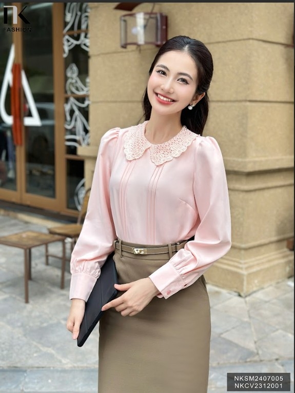 Áo Sơ Mi Dài Tay Cổ Ren Bấu Mí NK Fashion Công Sở Nữ Thanh Lịch, Vải Mềm Mịn NKSM2407005