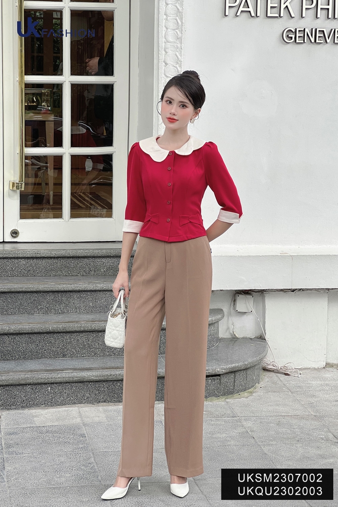 Áo Sơ Mi Cổ Sen Phối Cổ Tay UK Fashion Tiểu Thư, Sang Chảnh UKSM2307002