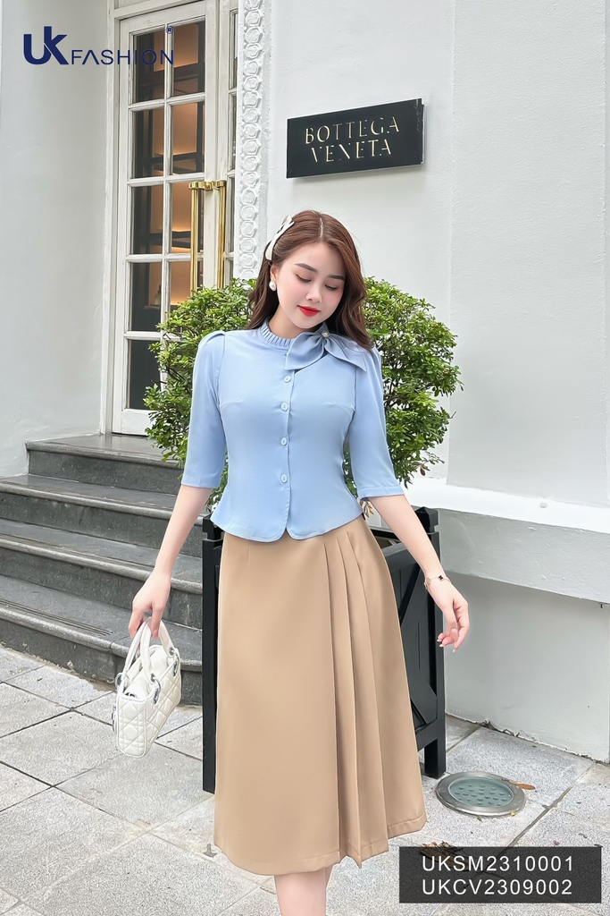 Sơ mi bèo có nơ vai UK Fashion Cao Cấp, Tơ Lụa Mềm Mại dành cho quý cô công sơ UKSM2310001