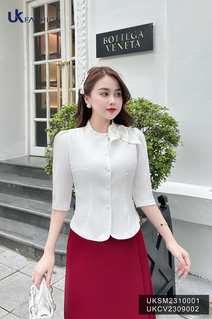 Sơ mi bèo có nơ vai UK Fashion Cao Cấp, Tơ Lụa Mềm Mại dành cho quý cô công sơ UKSM2310001