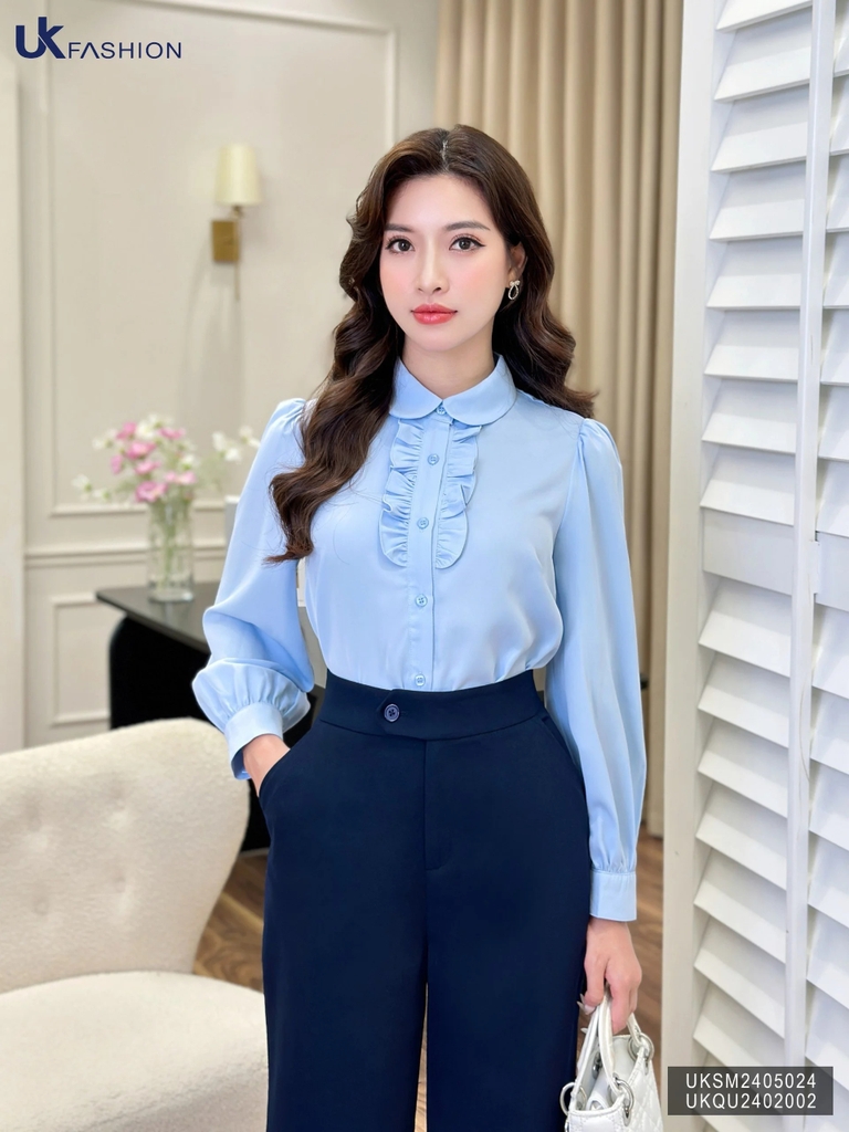 Sơ mi dài tay bèo nẹp UK Fashion Công Sở Thiết Kế , Họa Tiết Hoa Nhẹ Nhàng, Thanh Lịch, Nữ Tính UKSM2405024