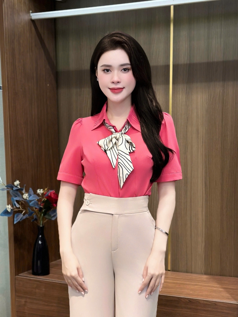 Sơ mi ngắn tay mí lá cổ đơn giản mà xinh xắn UKSM2408006