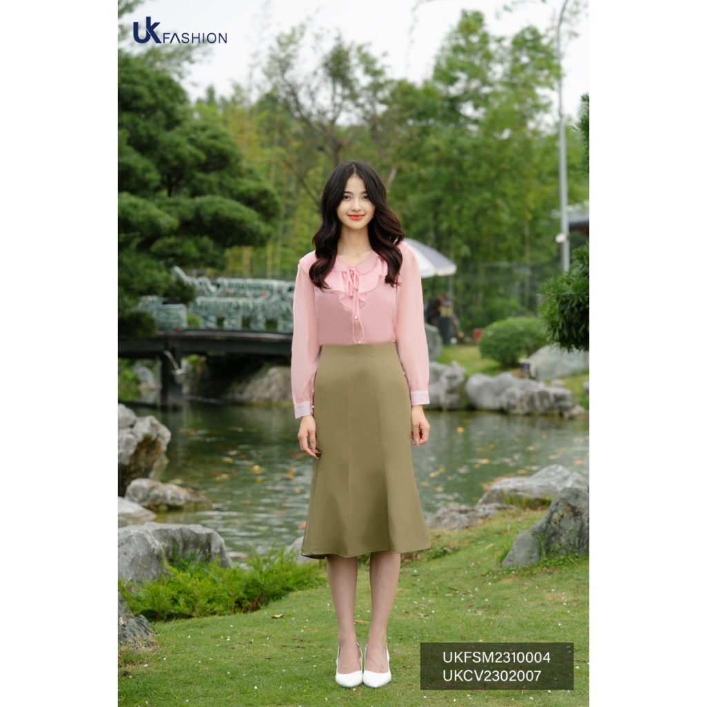 Sơ Mi Tơ Bèo Cổ Tim Chun Tay UK Fashion Thời Trang Công Sở Nữ basic, chất liệu cao cấp thanh lịch UKFSM2310005