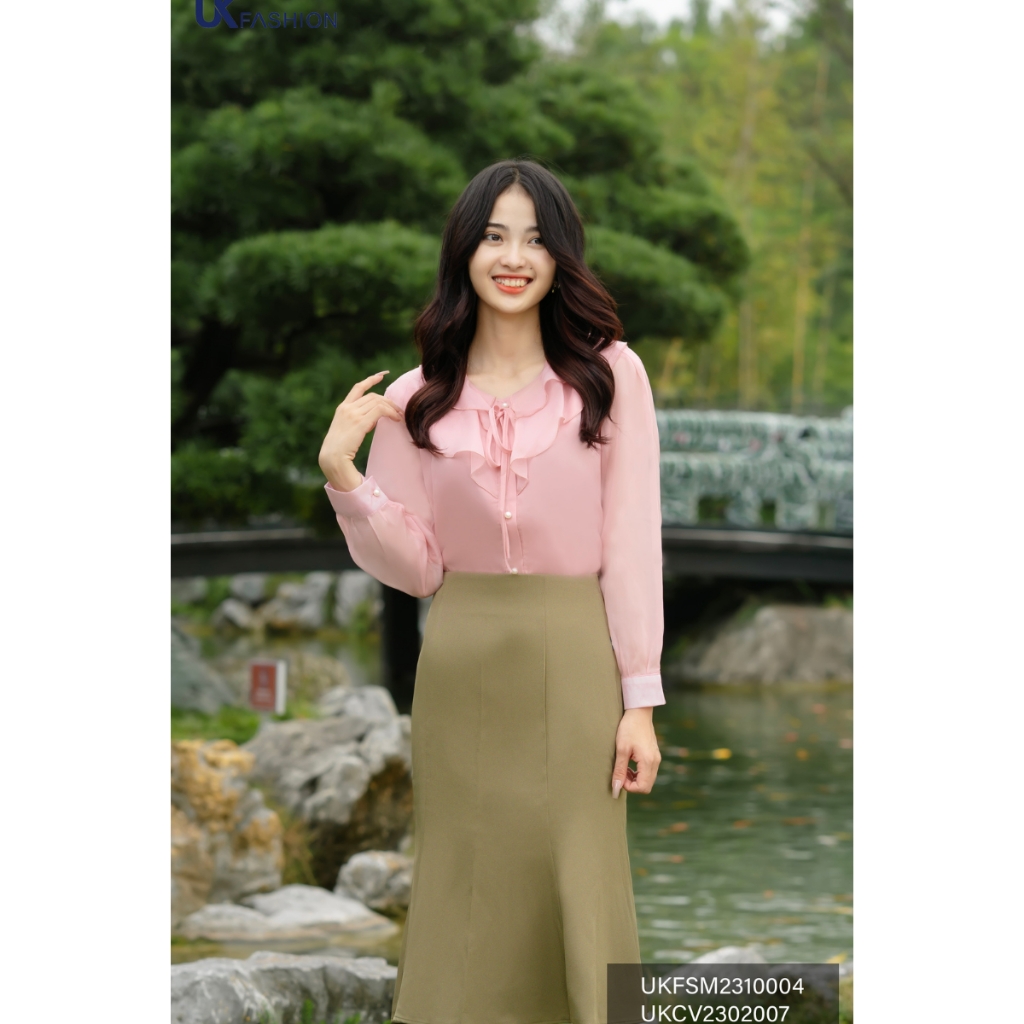 Sơ Mi Tơ Bèo Cổ Tim Chun Tay UK Fashion Thời Trang Công Sở Nữ basic, chất liệu cao cấp thanh lịch UKFSM2310005