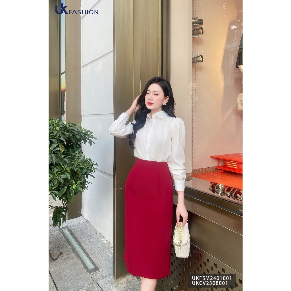 Sơ mi cổ sen tay dài bồng vai Uk fashion, áo tiểu thư, basic cho quý cô công sở, chất vải nhập hàn UKFSM2401001