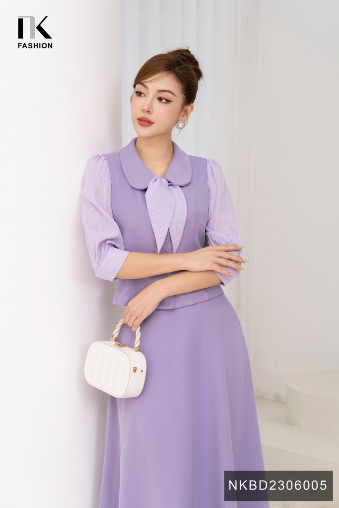 Set Áo Cổ Sen Phối Tay Nơ & Chân Váy Xòe NK Fashion Thanh Lịch, Nữ Tính NKBD2306005