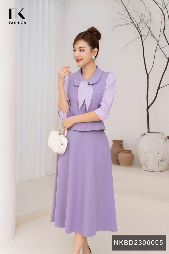 Set Áo Cổ Sen Phối Tay Nơ & Chân Váy Xòe NK Fashion Thanh Lịch, Nữ Tính NKBD2306005