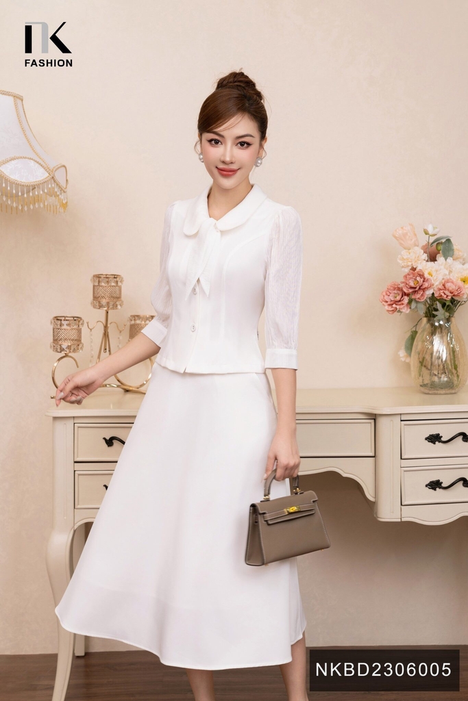 Set Áo Cổ Sen Phối Tay Nơ & Chân Váy Xòe NK Fashion Thanh Lịch, Nữ Tính NKBD2306005