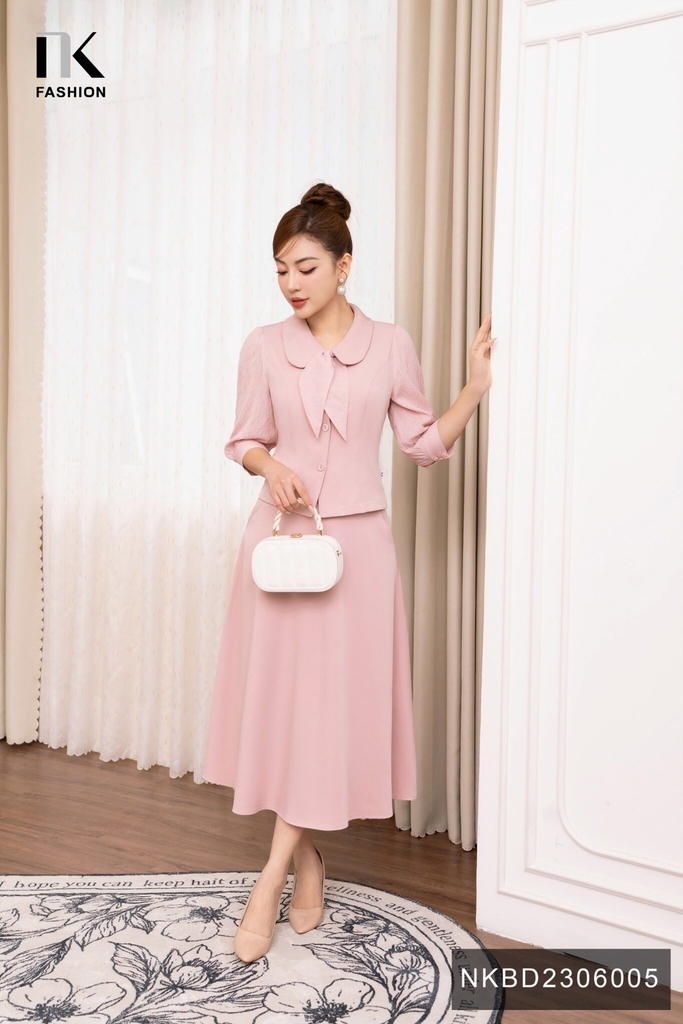 Set Áo Cổ Sen Phối Tay Nơ & Chân Váy Xòe NK Fashion Thanh Lịch, Nữ Tính NKBD2306005