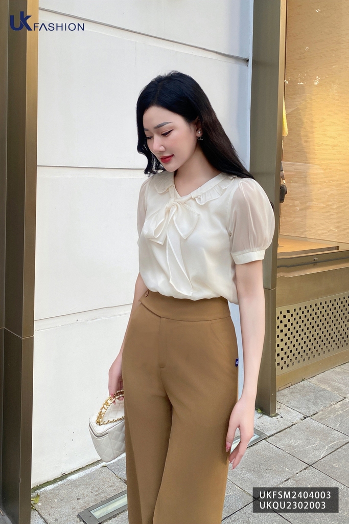 UK Fashion Áo Sơ Mi Phối Nơ Tơ Tiểu Thư, Thanh Lịch UKFSM2404003