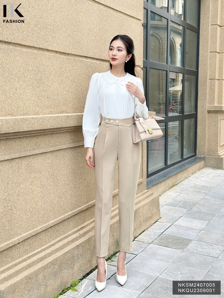 Áo Sơ Mi Dài Tay Cổ Ren Bấu Mí NK Fashion Công Sở Nữ Thanh Lịch, Vải Mềm Mịn NKSM2407005