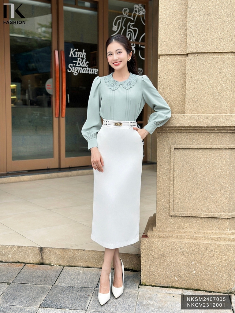 Áo Sơ Mi Dài Tay Cổ Ren Bấu Mí NK Fashion Công Sở Nữ Thanh Lịch, Vải Mềm Mịn NKSM2407005