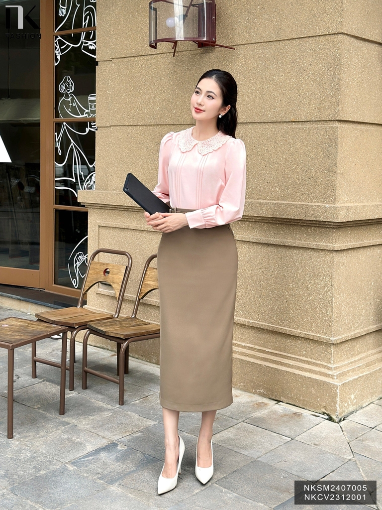 Áo Sơ Mi Dài Tay Cổ Ren Bấu Mí NK Fashion Công Sở Nữ Thanh Lịch, Vải Mềm Mịn NKSM2407005